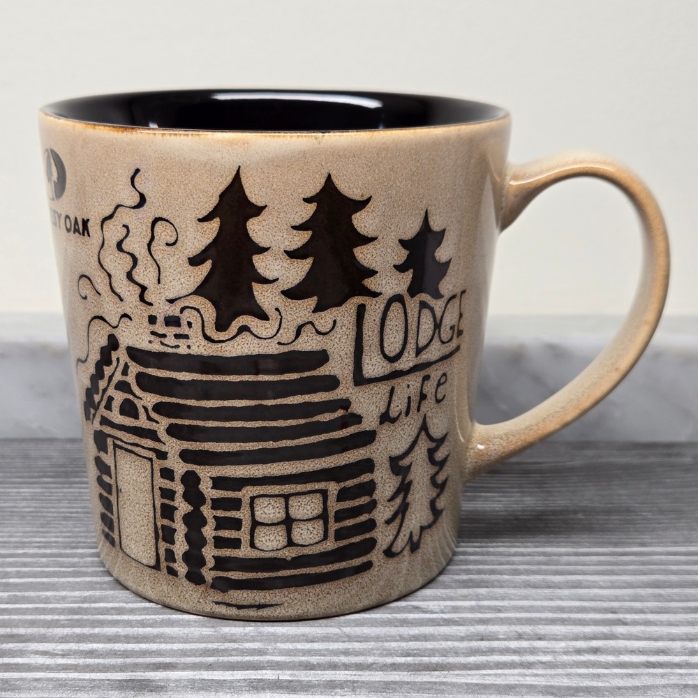 Mossy Oak Lodge Life Coffee Mug Rustic Cabin Pine Tree Ceramic Tan Cup 16oz Camp